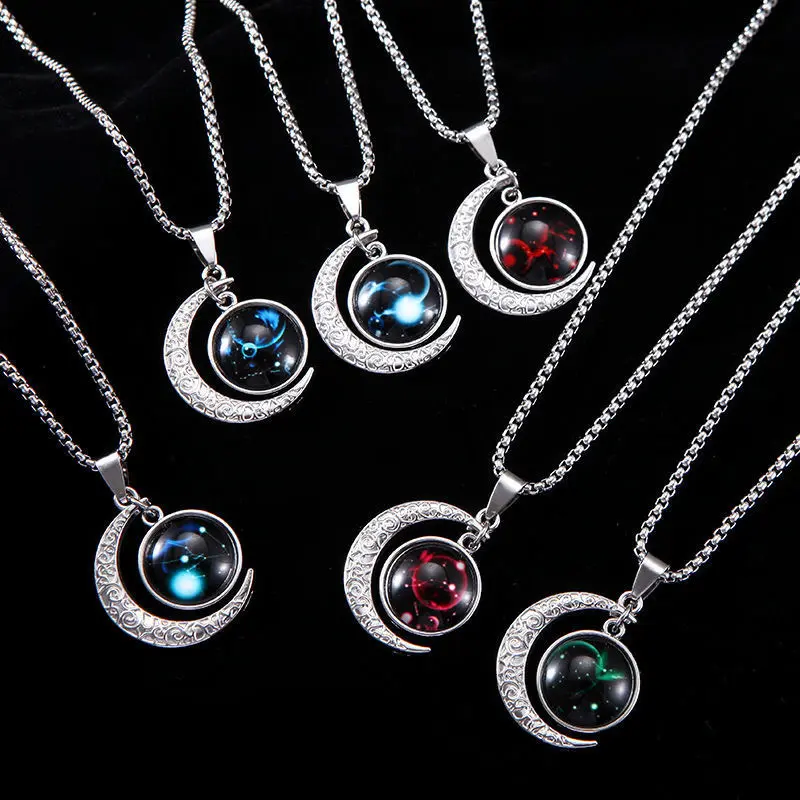 Fashion Luminous 12 Constellations Zodiac Signs Necklaces Crescent Moon Pendant Chains Necklace Couple Birthday Necklace Gifts