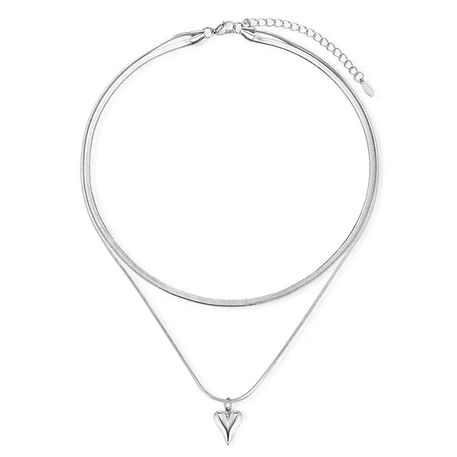 Fashion Double Layered Love Heart Pendant Necklace Women Simple Stainless Steel Necklace Chain Jewelry Gifts