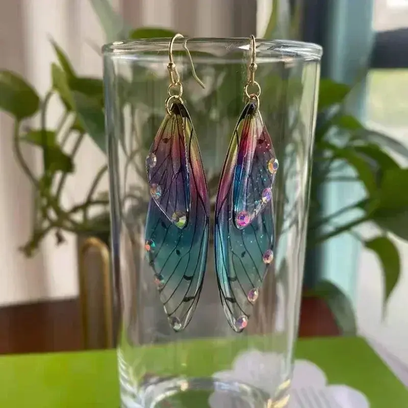 High Quality Fashion Gradient Women Earring Beautiful Cicada Wings Earhook Colorful Large Butterfly Realistic Dangle Earrings