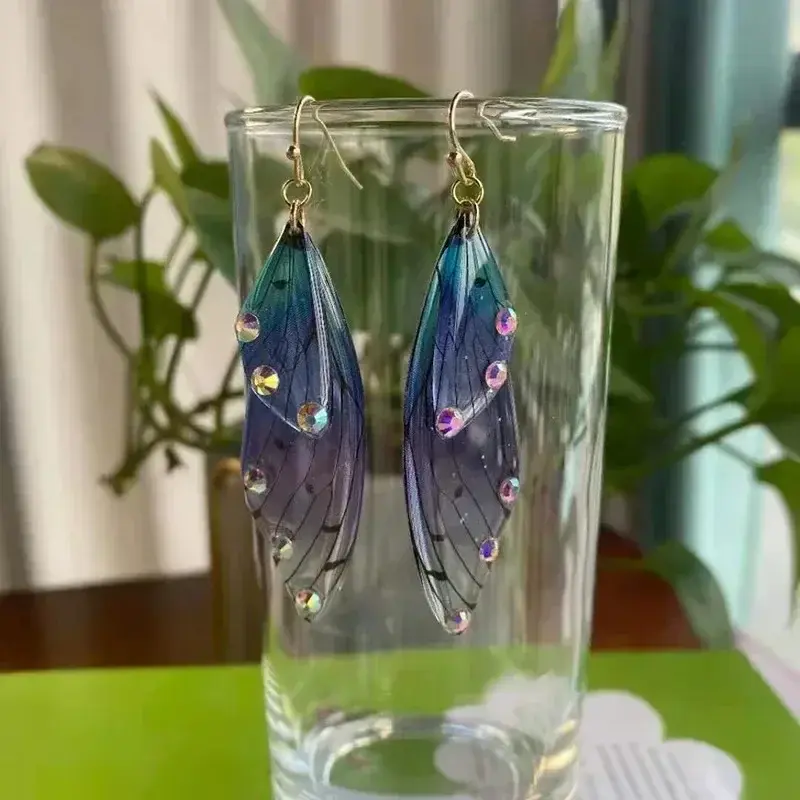 High Quality Fashion Gradient Women Earring Beautiful Cicada Wings Earhook Colorful Large Butterfly Realistic Dangle Earrings