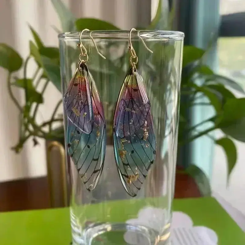 High Quality Fashion Gradient Women Earring Beautiful Cicada Wings Earhook Colorful Large Butterfly Realistic Dangle Earrings