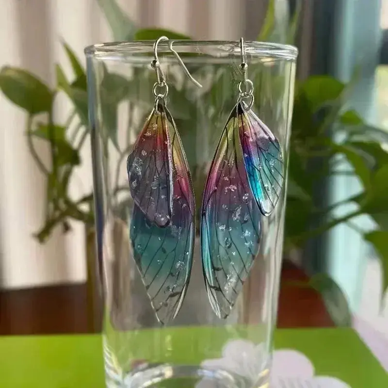 High Quality Fashion Gradient Women Earring Beautiful Cicada Wings Earhook Colorful Large Butterfly Realistic Dangle Earrings