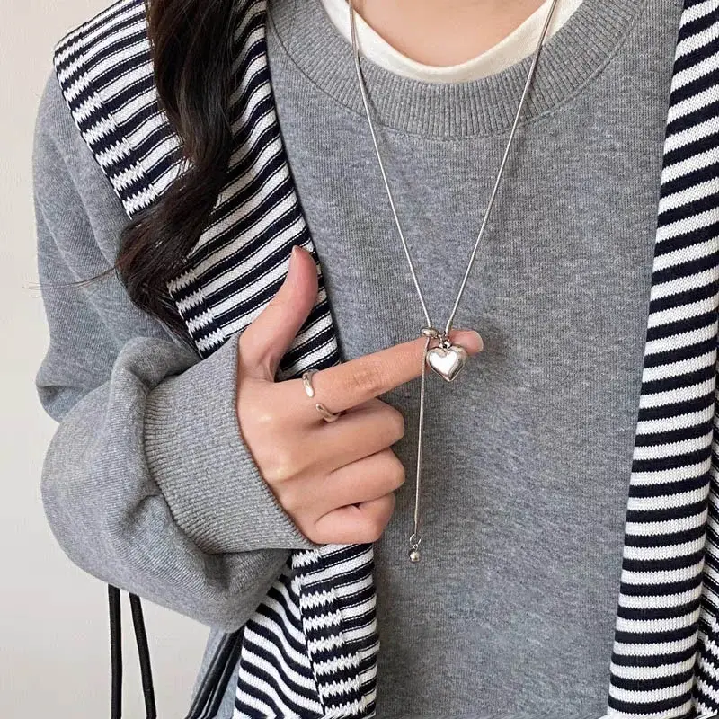 Fashion Silver Stainless Steel Long Necklace Heart Pendant Adjustable Chain Sweater Jewelry Women Simple Necklaces Accessories