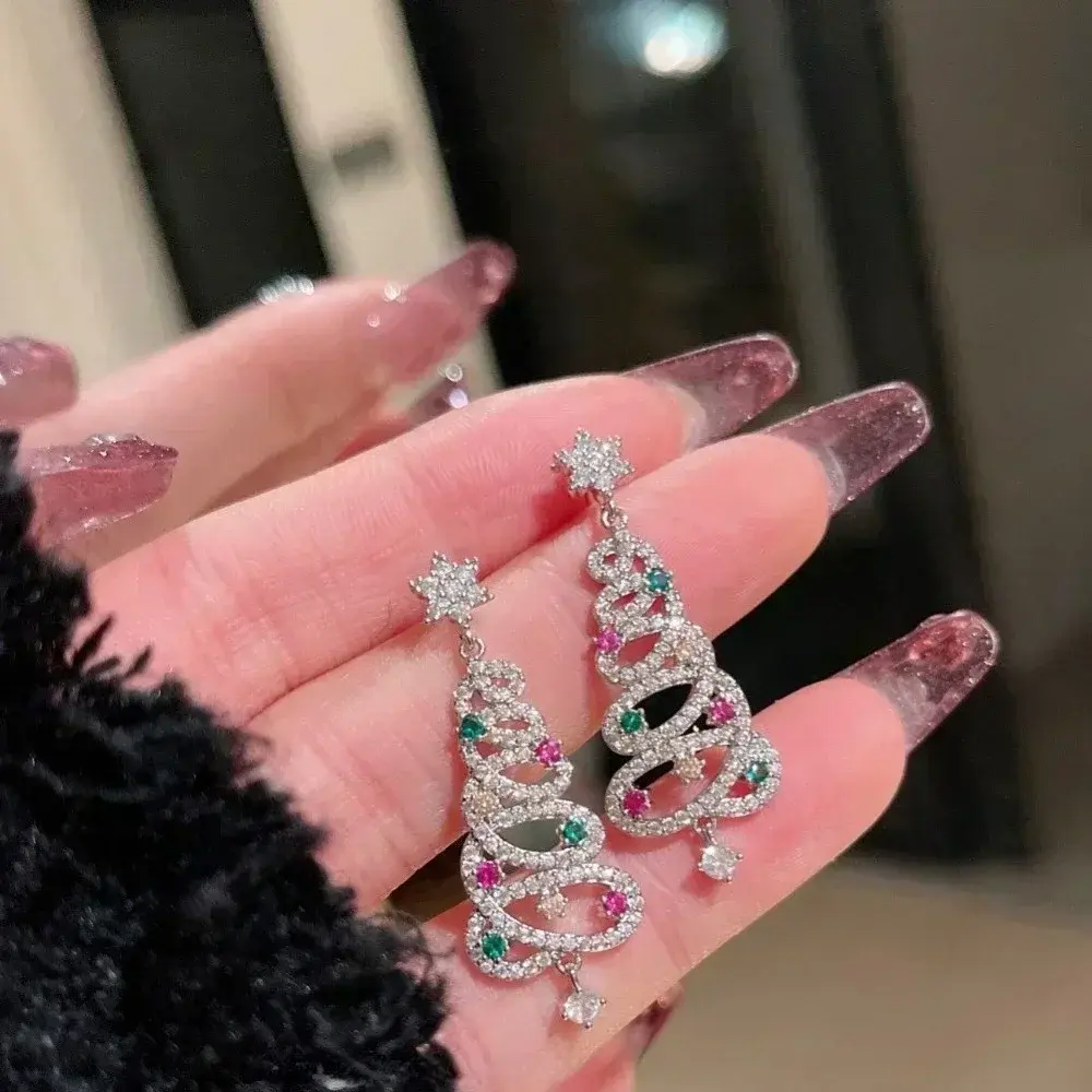 New Christmas Tree Earrings Rhinestone Xmas Tree Drop Earring New Year Aesthetic Geometric Tassel Christmas Colorful Earrings