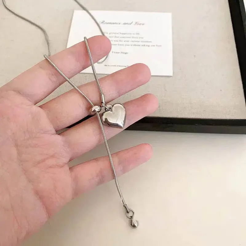 Fashion Silver Stainless Steel Long Necklace Heart Pendant Adjustable Chain Sweater Jewelry Women Simple Necklaces Accessories