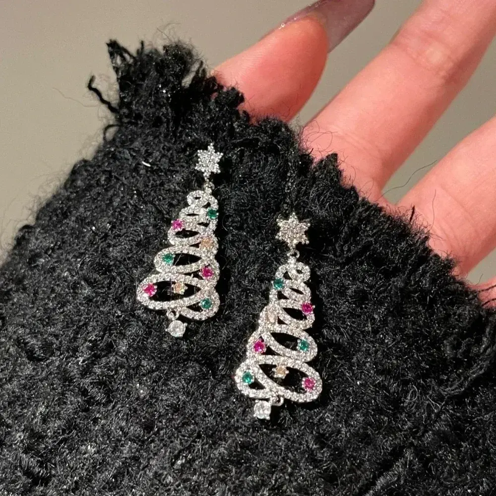 New Christmas Tree Earrings Rhinestone Xmas Tree Drop Earring New Year Aesthetic Geometric Tassel Christmas Colorful Earrings