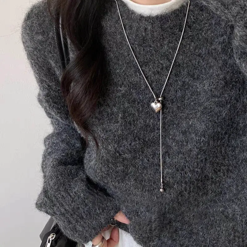 Fashion Silver Stainless Steel Long Necklace Heart Pendant Adjustable Chain Sweater Jewelry Women Simple Necklaces Accessories