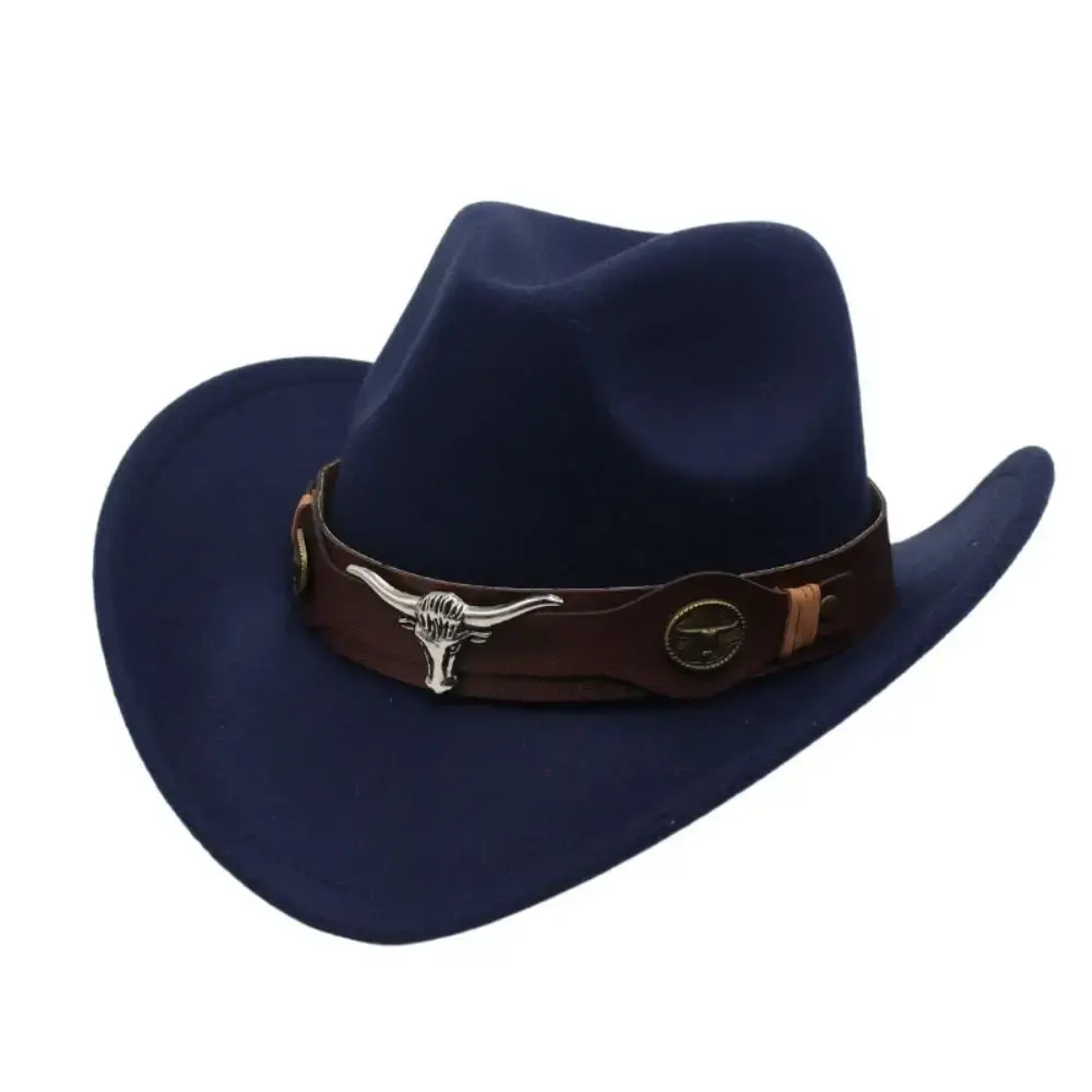 New Fashion Felt Western Cowboy Hat Ox Head Accessories with Cow Band Tibetan Top Hat Ethnic Style Soft Roll Brim Cowgirl Cap
