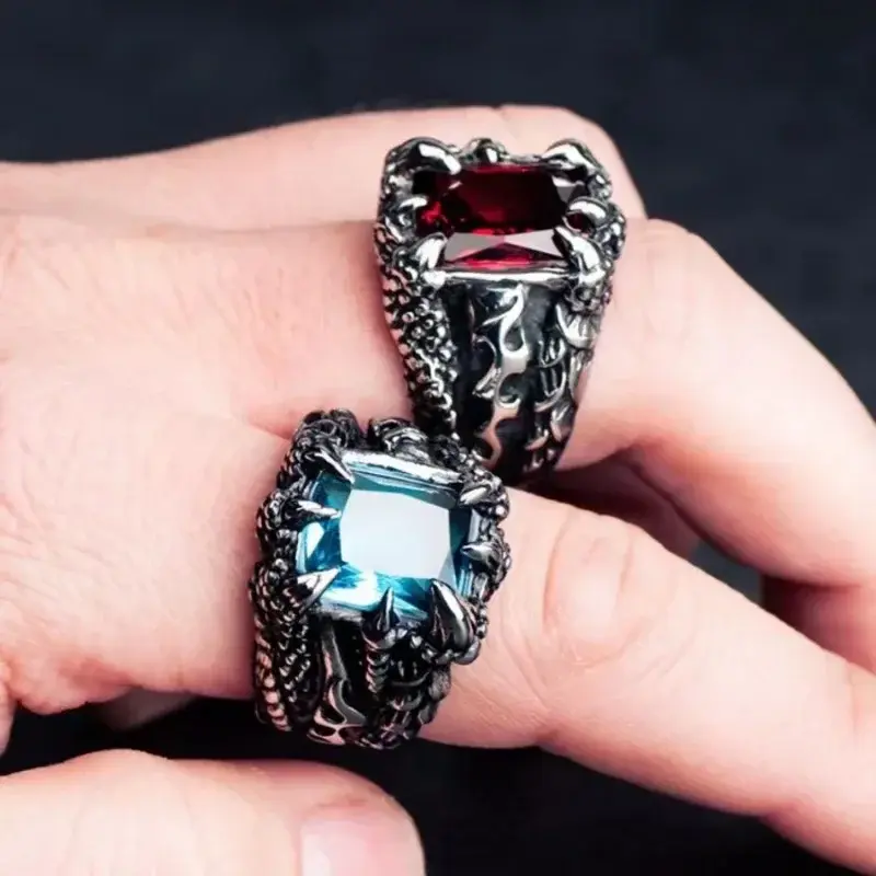 New Gothic Vintage Crystal Zircon Evil Demon Dragon Claw Ring for Men Gram Biker Punk Rock Hip Hop Opening Rings Cool Jewelry