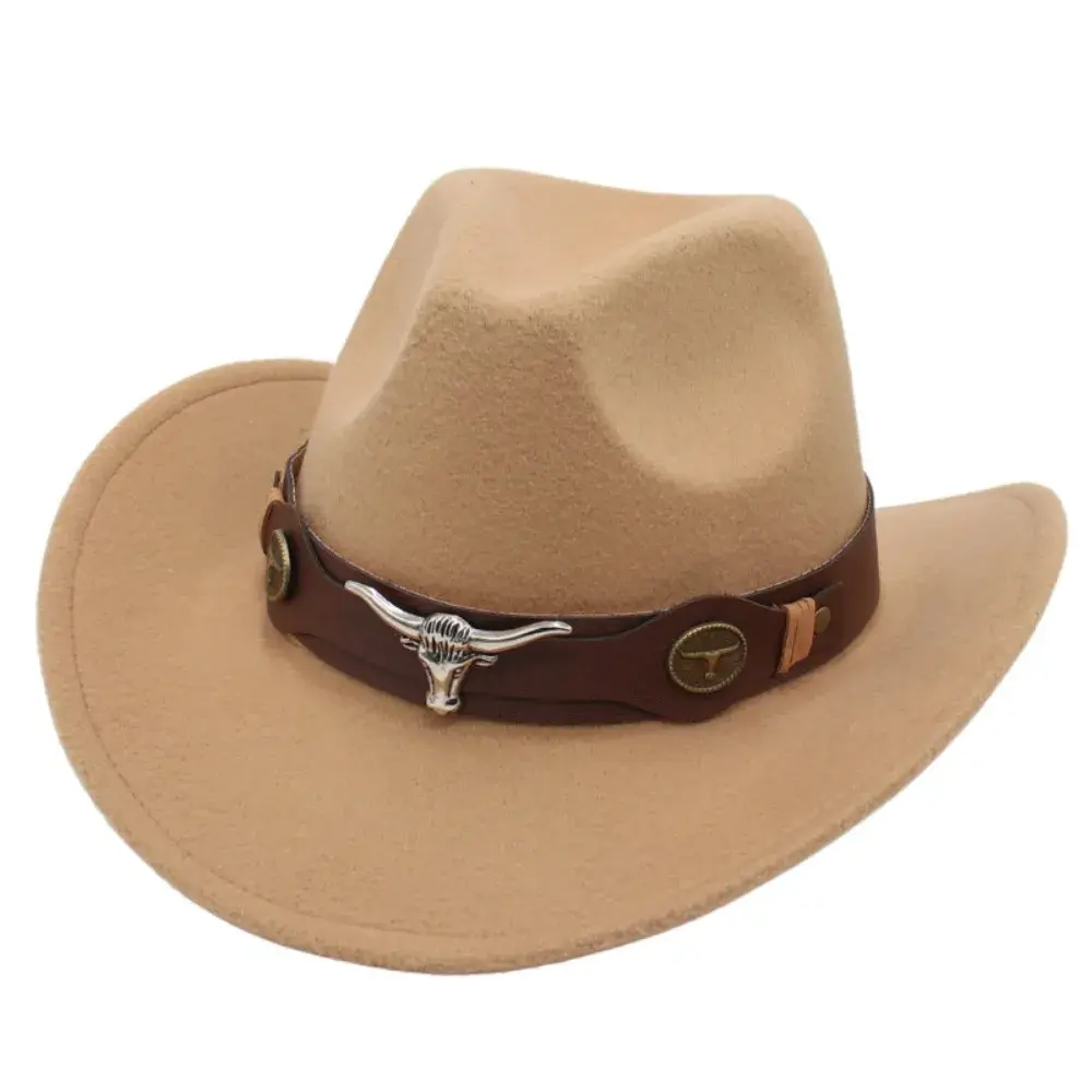 New Fashion Felt Western Cowboy Hat Ox Head Accessories with Cow Band Tibetan Top Hat Ethnic Style Soft Roll Brim Cowgirl Cap