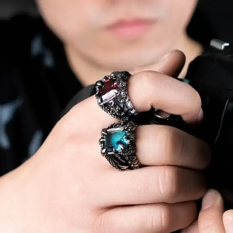 New Gothic Vintage Crystal Zircon Evil Demon Dragon Claw Ring for Men Gram Biker Punk Rock Hip Hop Opening Rings Cool Jewelry