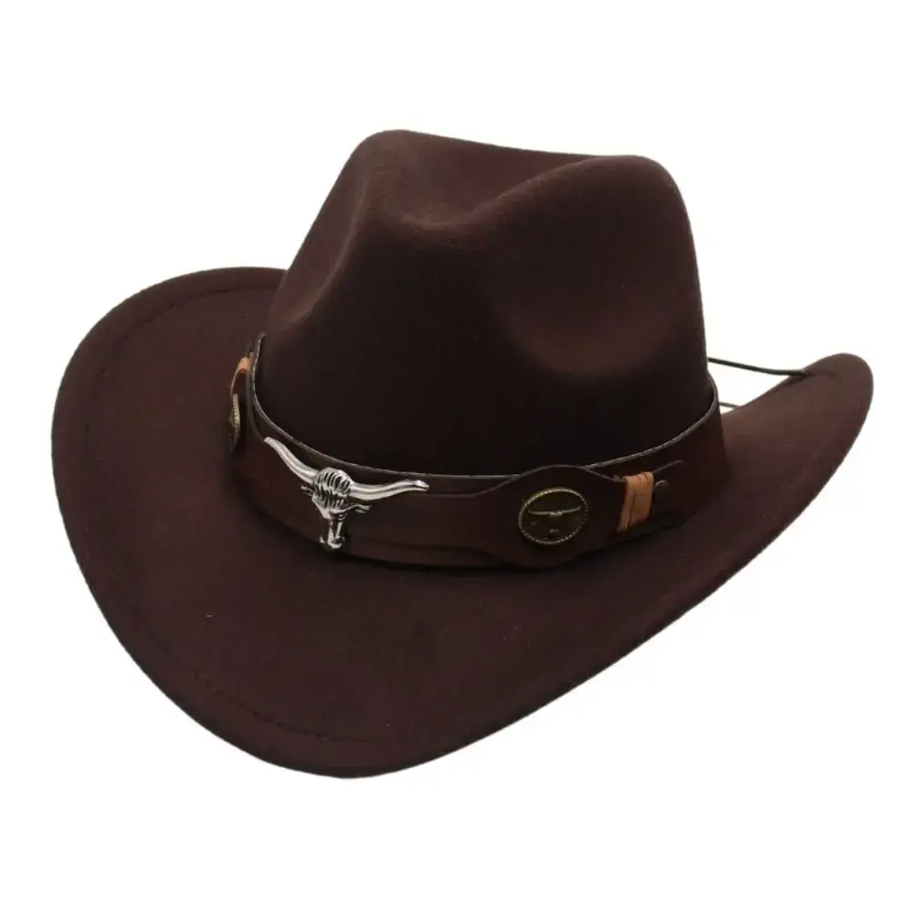 New Fashion Felt Western Cowboy Hat Ox Head Accessories with Cow Band Tibetan Top Hat Ethnic Style Soft Roll Brim Cowgirl Cap