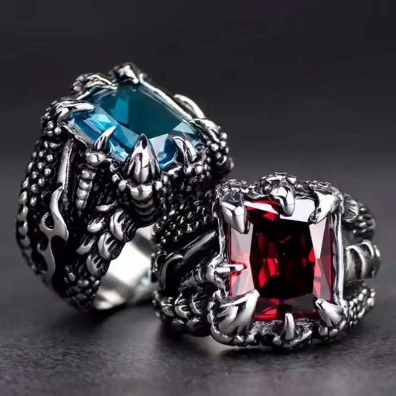 New Gothic Vintage Crystal Zircon Evil Demon Dragon Claw Ring for Men Gram Biker Punk Rock Hip Hop Opening Rings Cool Jewelry