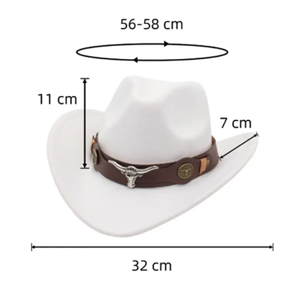 New Fashion Felt Western Cowboy Hat Ox Head Accessories with Cow Band Tibetan Top Hat Ethnic Style Soft Roll Brim Cowgirl Cap