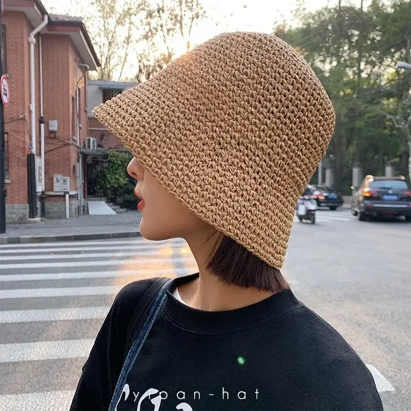 Fashion Beach Korean Straw Hat Women Visor Bucket Hat Fisherman Hat Hand Weaving Panama Girl Fishing Chapeau Sun Hats for Women