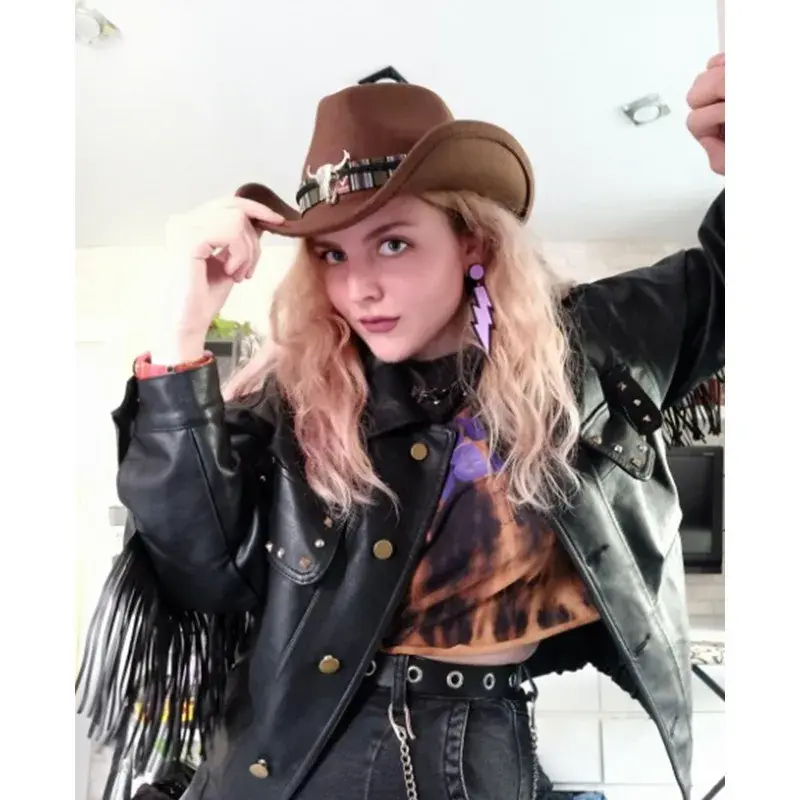 New Fashion Felt Western Cowboy Hat Ox Head Accessories with Cow Band Tibetan Top Hat Ethnic Style Soft Roll Brim Cowgirl Cap