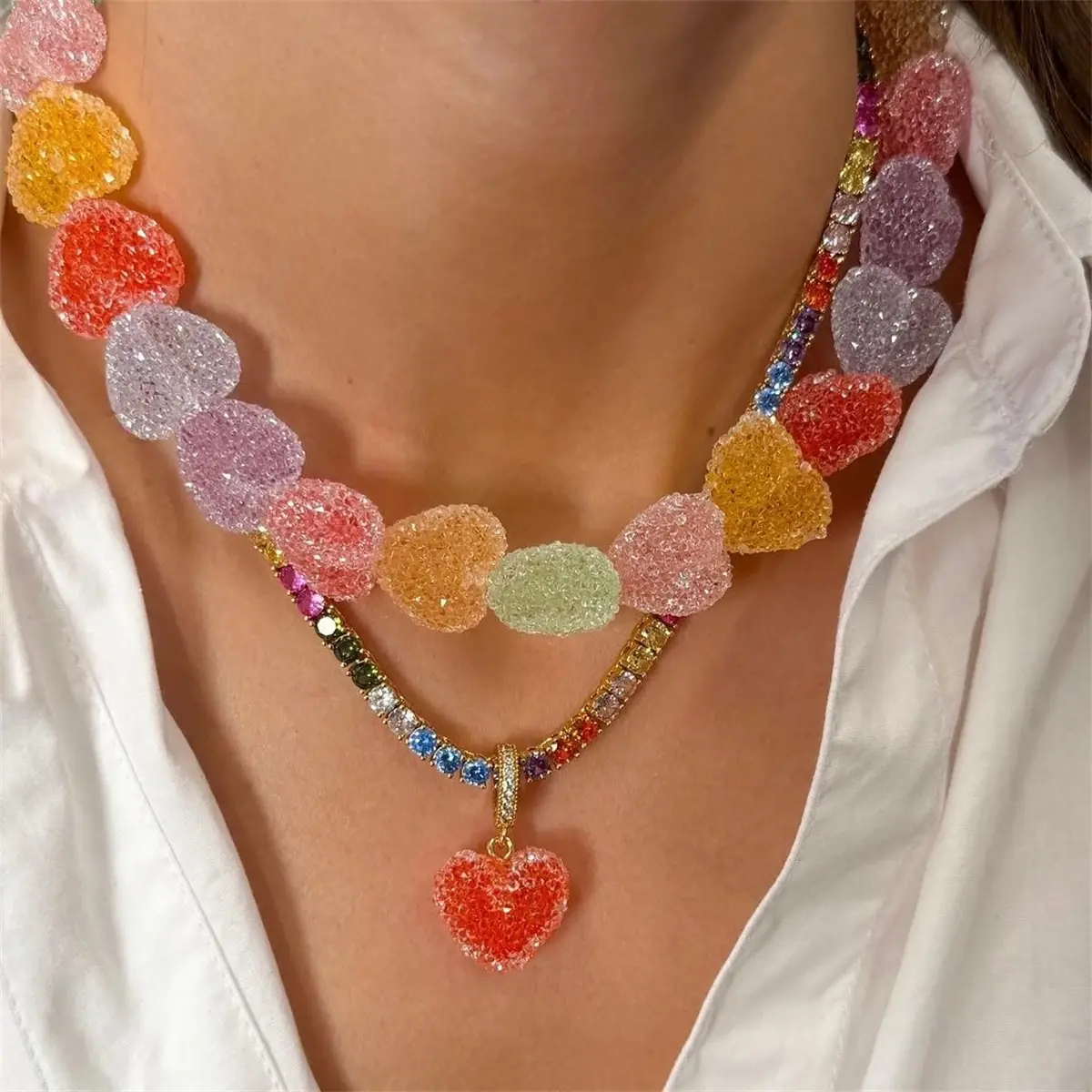 High Quality Fashion Colorful Love Candy Resin Necklace Cute Love Candy Niche Design Collarbone Chain Women's Gift Necklace