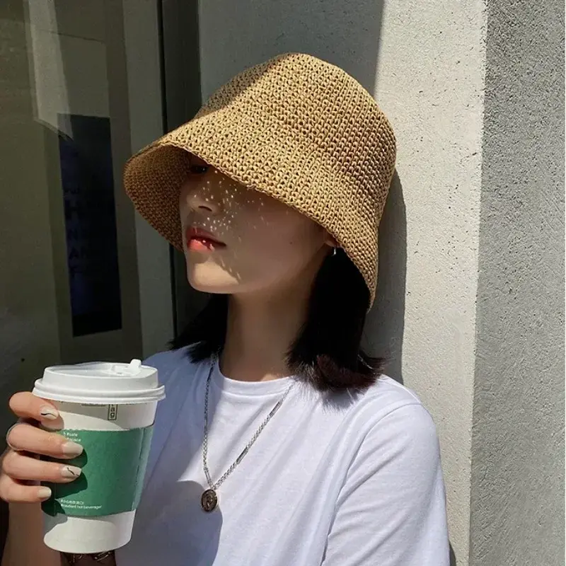 Fashion Beach Korean Straw Hat Women Visor Bucket Hat Fisherman Hat Hand Weaving Panama Girl Fishing Chapeau Sun Hats for Women