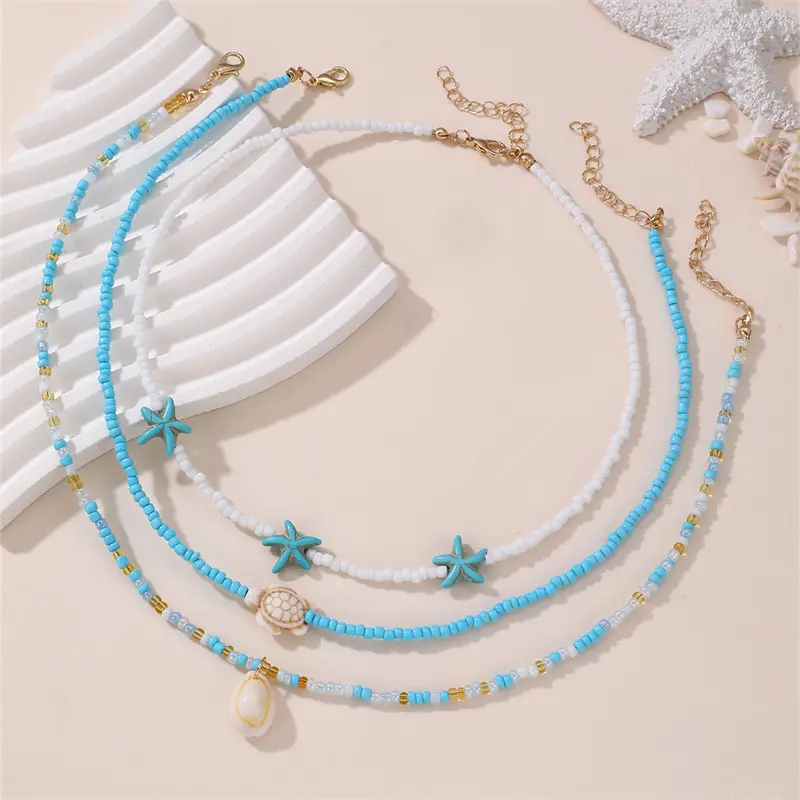 3Pcs Bohemian Multilayer Rice Bead Chain Clavicle Fashion Necklace Vintage Turtle Starfish Shell Beach Women's Pendant Choker