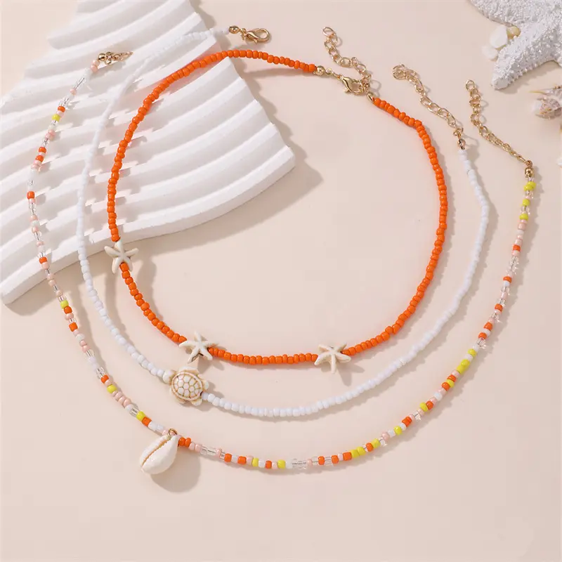 3Pcs Bohemian Multilayer Rice Bead Chain Clavicle Fashion Necklace Vintage Turtle Starfish Shell Beach Women's Pendant Choker