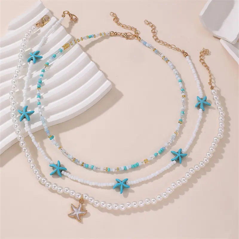 3Pcs Bohemian Multilayer Rice Bead Chain Clavicle Fashion Necklace Vintage Turtle Starfish Shell Beach Women's Pendant Choker