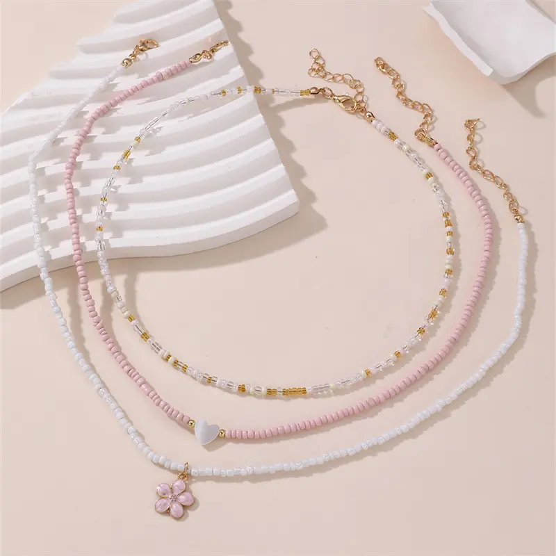3Pcs Bohemian Multilayer Rice Bead Chain Clavicle Fashion Necklace Vintage Turtle Starfish Shell Beach Women's Pendant Choker