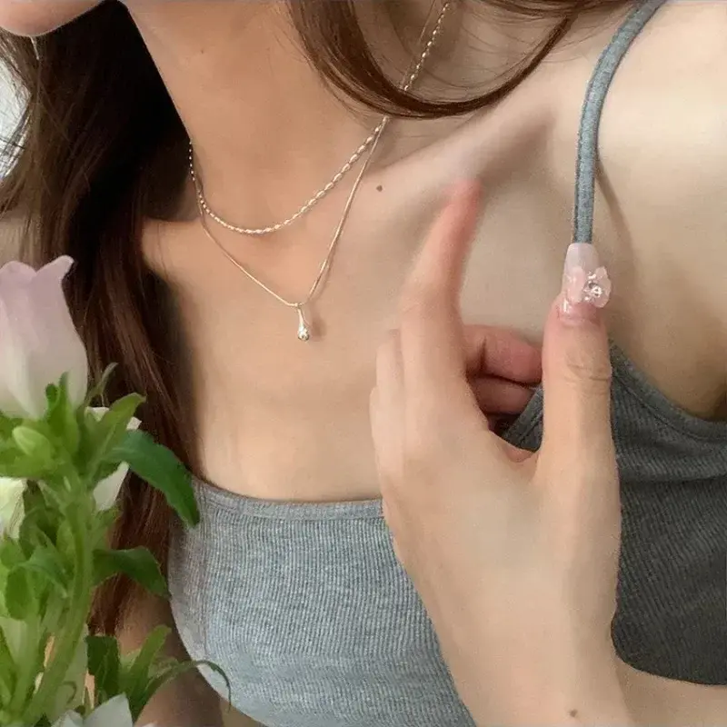 New Fashion Minimalist Double Layer Waterdrop Pendant Necklace Women Korean Fashion New Goth Jewelry Clavicle Chain Party Femme