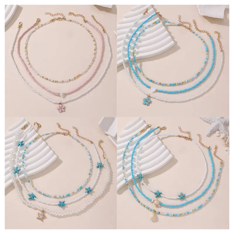 3Pcs Bohemian Multilayer Rice Bead Chain Clavicle Fashion Necklace Vintage Turtle Starfish Shell Beach Women's Pendant Choker