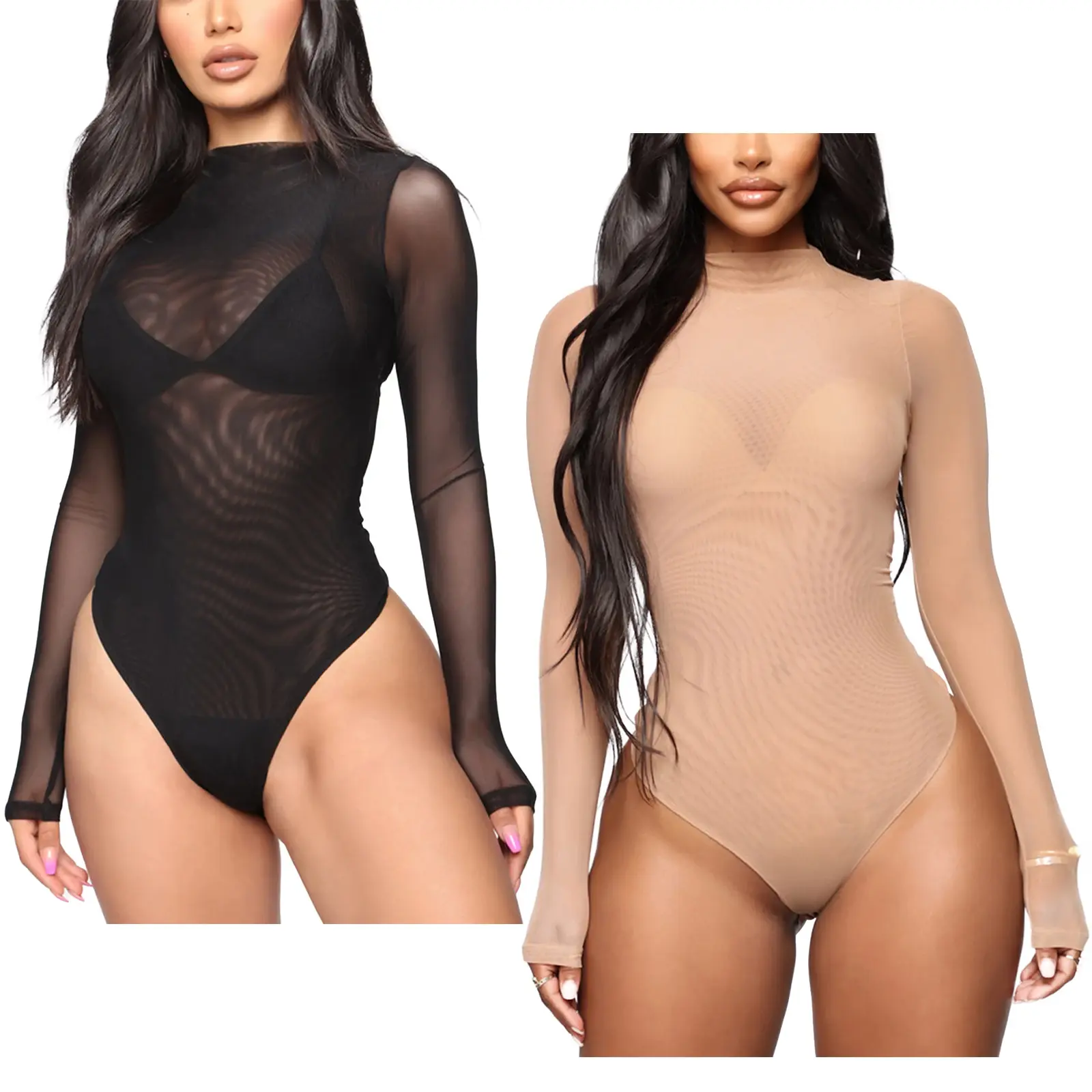 New Womens Girls Fashion Sexy See-through Long Sleeve Bodysuit Lingerie Nightwear Crew Neck High Cut Leotard for Dating Teddies
