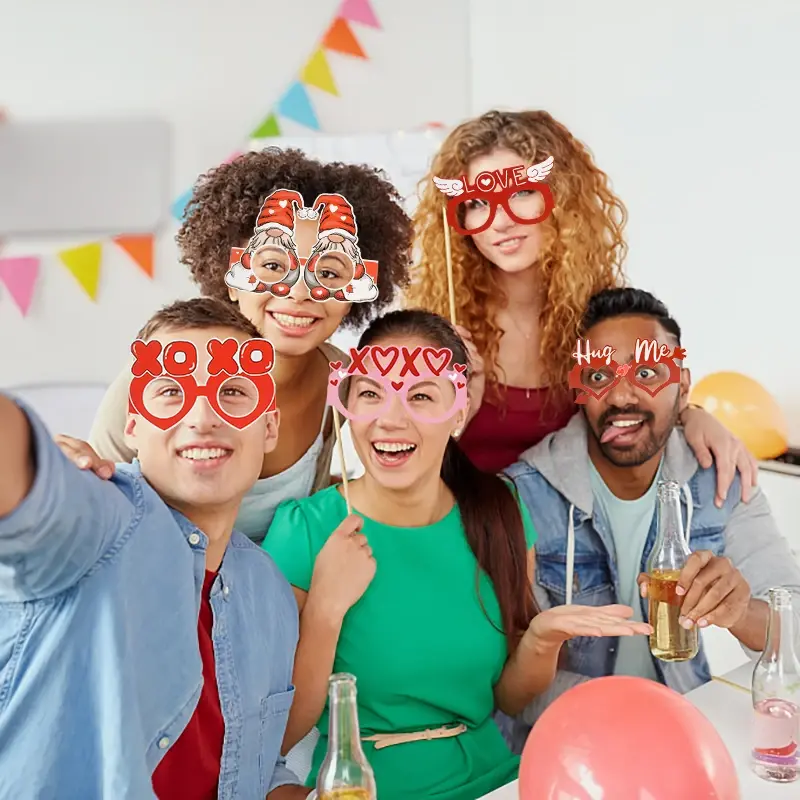 6Pcs/set Valentine's Day Photo Booth Props Wedding DIY Photo Prop Valentines Day Party Decoration Souvenir Supplies Glasses