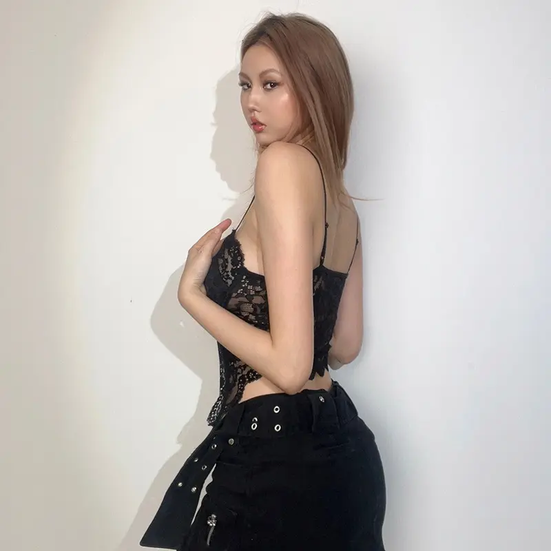 Spicy Girl See Through Sexy Asymmetrical Goth Lace Camisole Women Rave Baddie Perspective Butterfly Sling Outfits Crop Top
