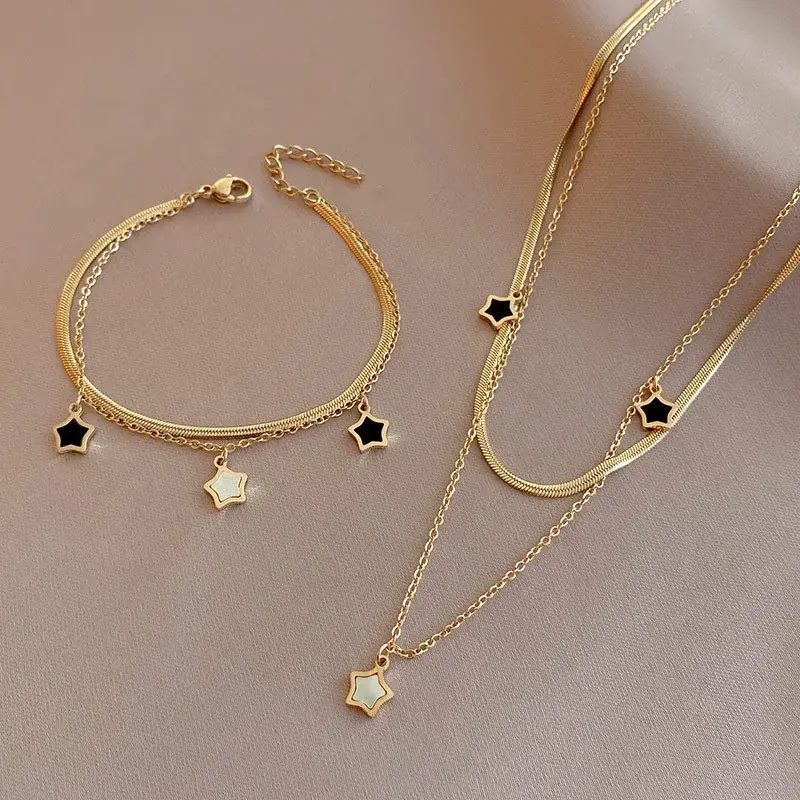 High-quality New Fashion Multilayer Chain Star Charm Necklace Bracelet for Women New Trend Jewelry Set Girls Party Gifts