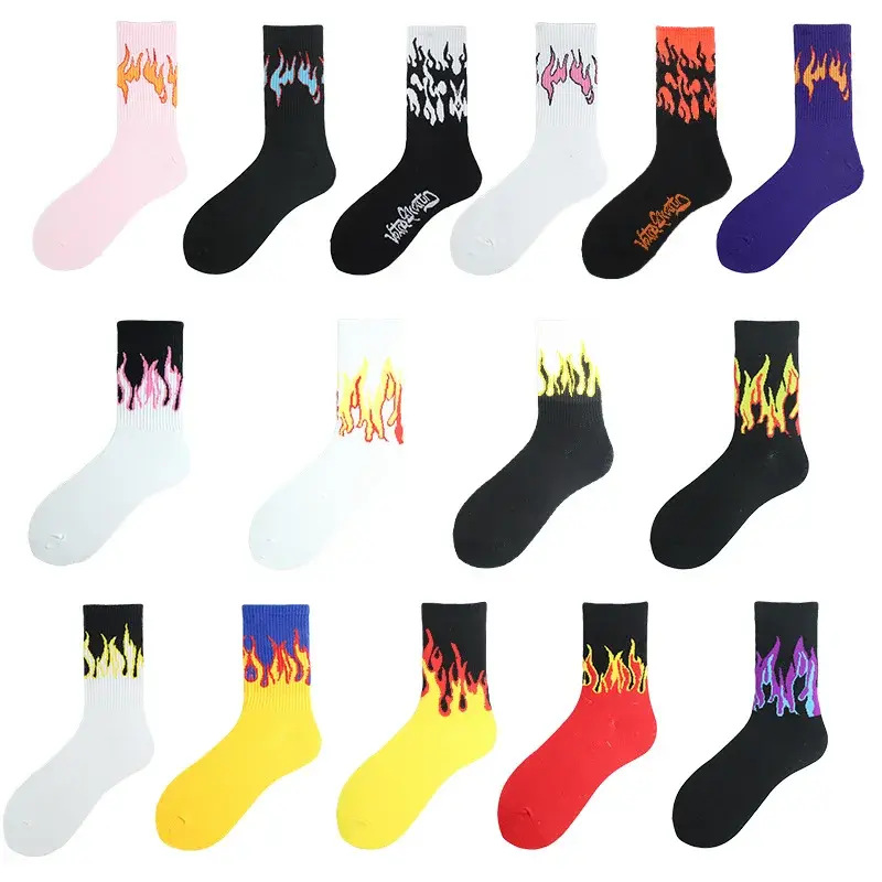 1 Pair Women Fashion Hip Hop Hit Color on Fire Crew Socks Red Flame Blaze Power Torch Hot Warmth Street Skateboard Socks