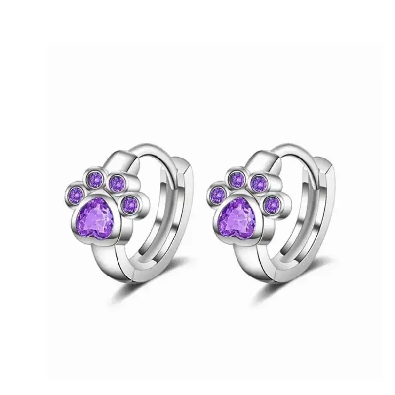 New Bear Claw Ear Buckle Silver Color Cute Cat Paw Hoop Earrings Blue Cubic Zircon Earrings for Girls Minimalist Gift