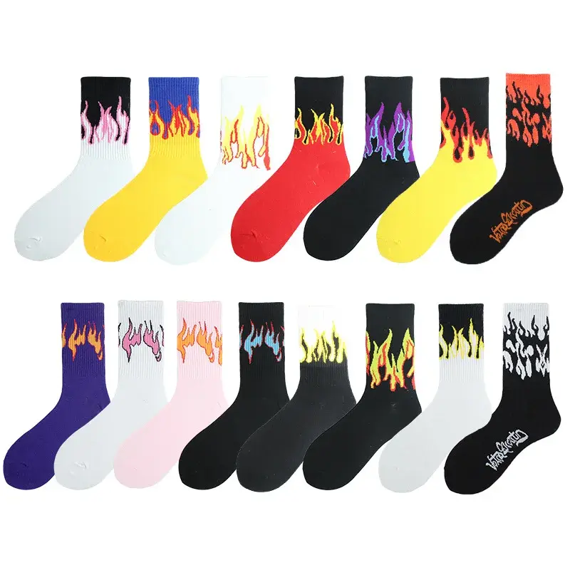 1 Pair Women Fashion Hip Hop Hit Color on Fire Crew Socks Red Flame Blaze Power Torch Hot Warmth Street Skateboard Socks