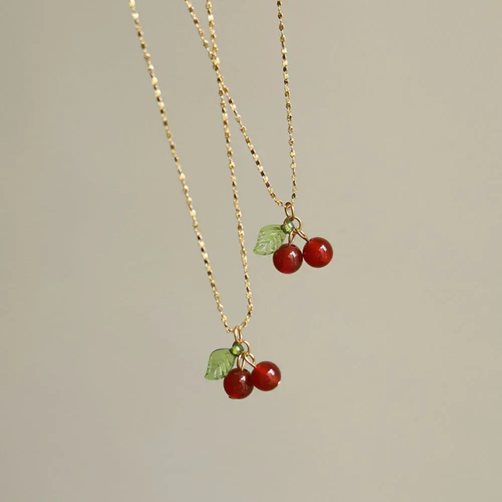 New Stainless Steel Red Cherry Necklace Natural Stone Beads Pendant Chain Necklace Women's Fashion Wedding Jewelry Birthday Gift