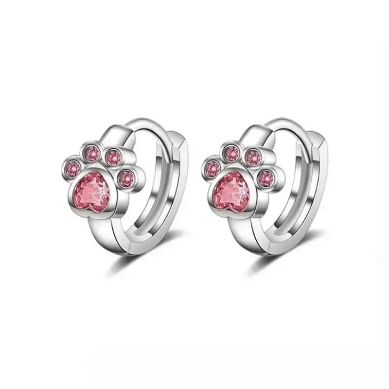 New Bear Claw Ear Buckle Silver Color Cute Cat Paw Hoop Earrings Blue Cubic Zircon Earrings for Girls Minimalist Gift
