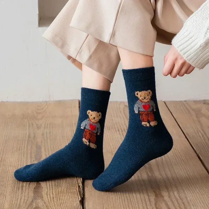 Cartoon Little Bear Socks Women Autumn Winter Thick Warm Socks Korean Style Cute Kawaii  Harajuku Designer Fashion Socks Female