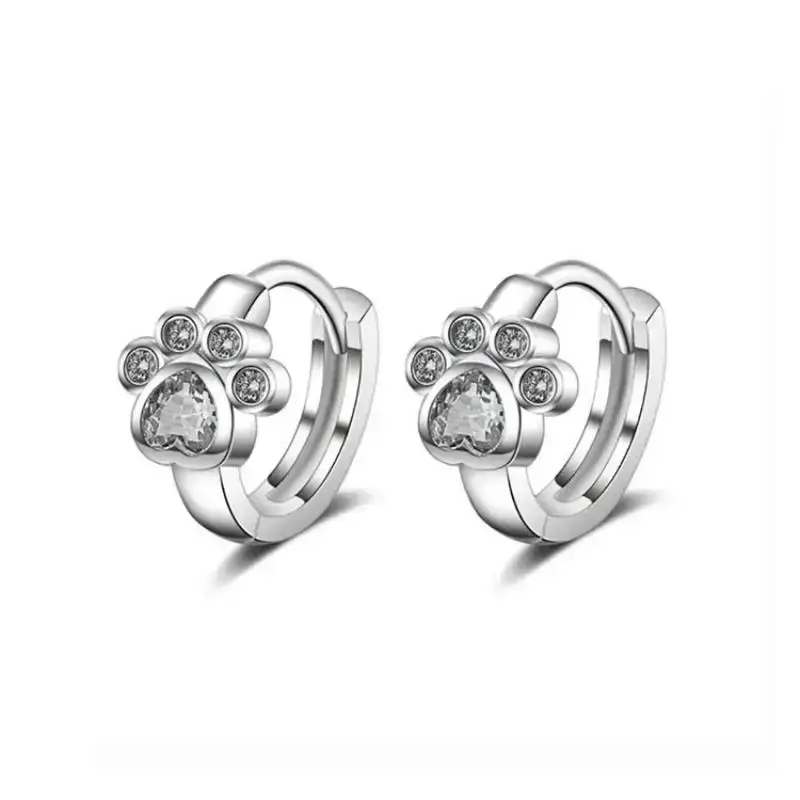 New Bear Claw Ear Buckle Silver Color Cute Cat Paw Hoop Earrings Blue Cubic Zircon Earrings for Girls Minimalist Gift