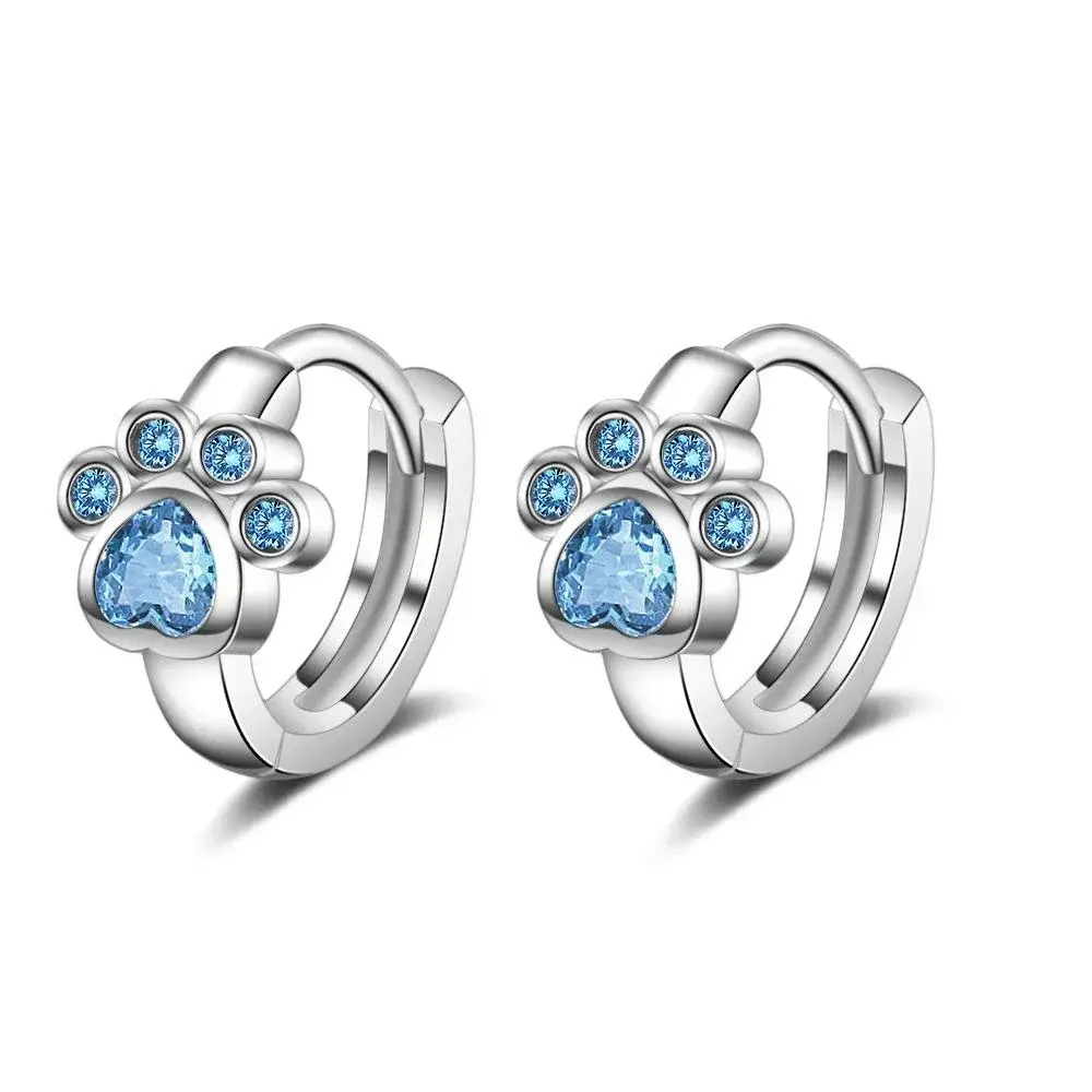 New Bear Claw Ear Buckle Silver Color Cute Cat Paw Hoop Earrings Blue Cubic Zircon Earrings for Girls Minimalist Gift