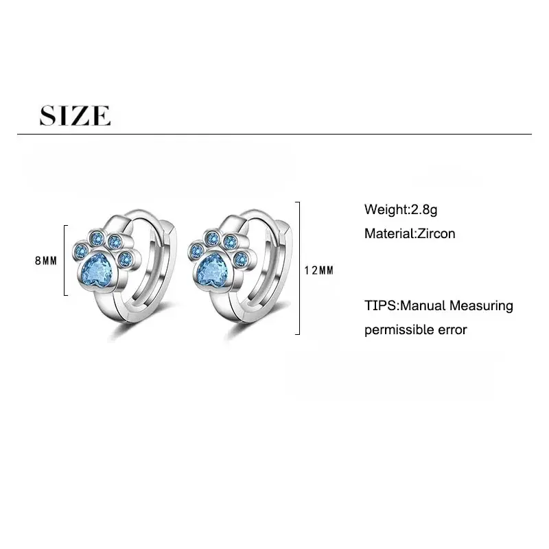 New Bear Claw Ear Buckle Silver Color Cute Cat Paw Hoop Earrings Blue Cubic Zircon Earrings for Girls Minimalist Gift
