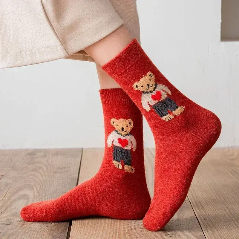 Cartoon Little Bear Socks Women Autumn Winter Thick Warm Socks Korean Style Cute Kawaii  Harajuku Designer Fashion Socks Female