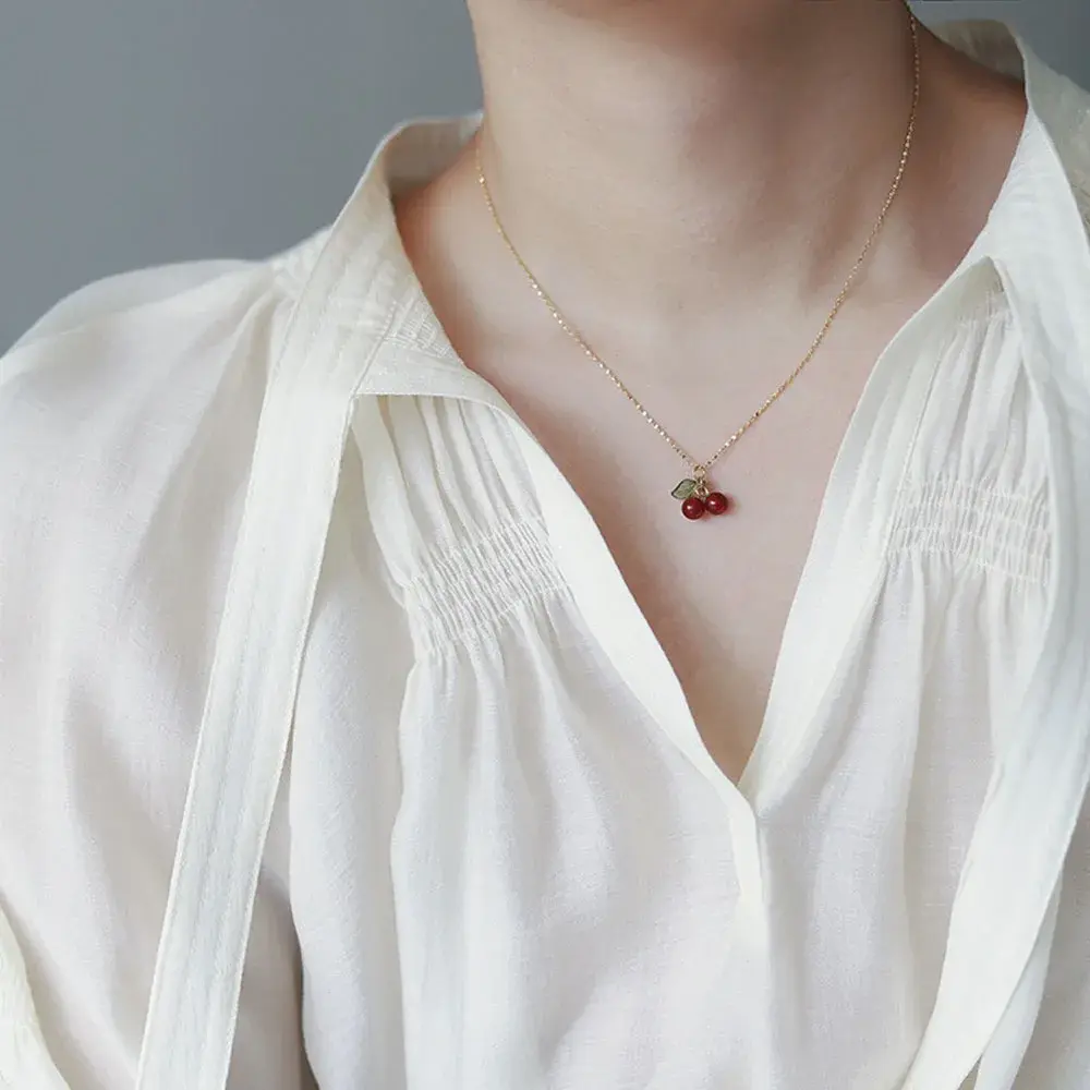 New Stainless Steel Red Cherry Necklace Natural Stone Beads Pendant Chain Necklace Women's Fashion Wedding Jewelry Birthday Gift