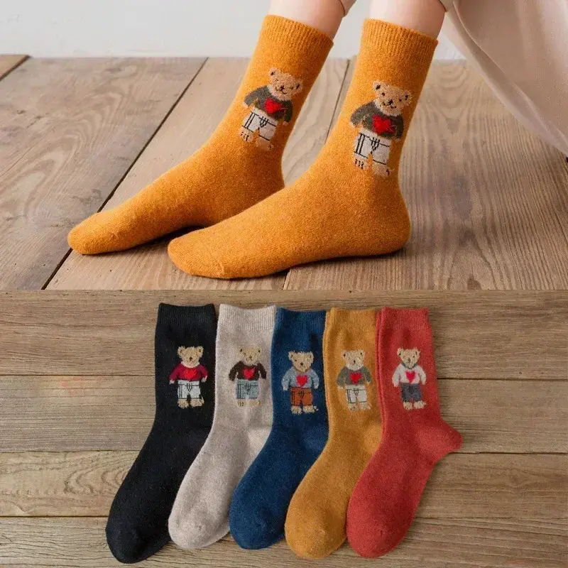 Cartoon Little Bear Socks Women Autumn Winter Thick Warm Socks Korean Style Cute Kawaii  Harajuku Designer Fashion Socks Female