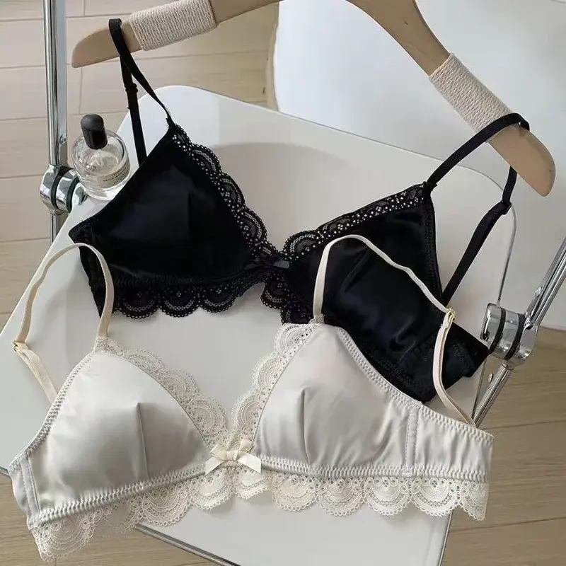 Sexy Triangle Cup Bow Lace Bras Women Chest Satin Underwear Sweet Girl Fashion Breathable Comfortable Soft Bra Lingerie