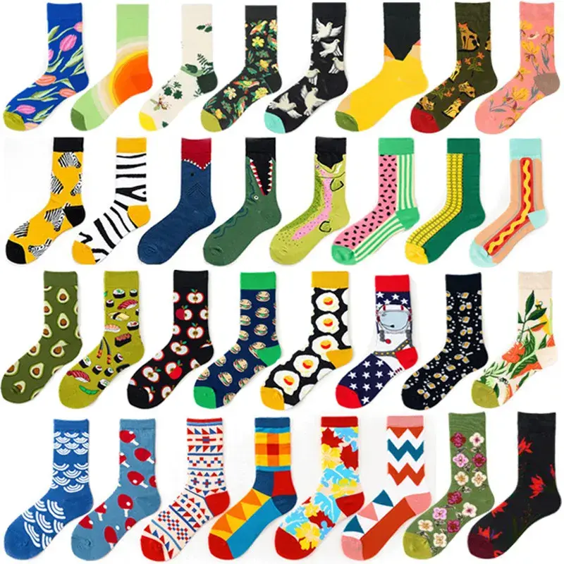 Spring Couple Middle Tube Socks Women Female Flowers Animals Fish Eggs Cotton Creative Hot Women's Long Socks for 4 Seasons