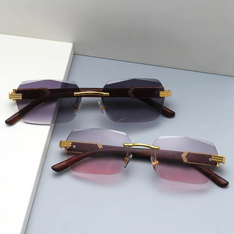 Trendy Rimless Sunglasses for Men Women Frameless Rectangle Wood Frame Sun Glasses Retro Shades Summer Traveling Eyewear UV400