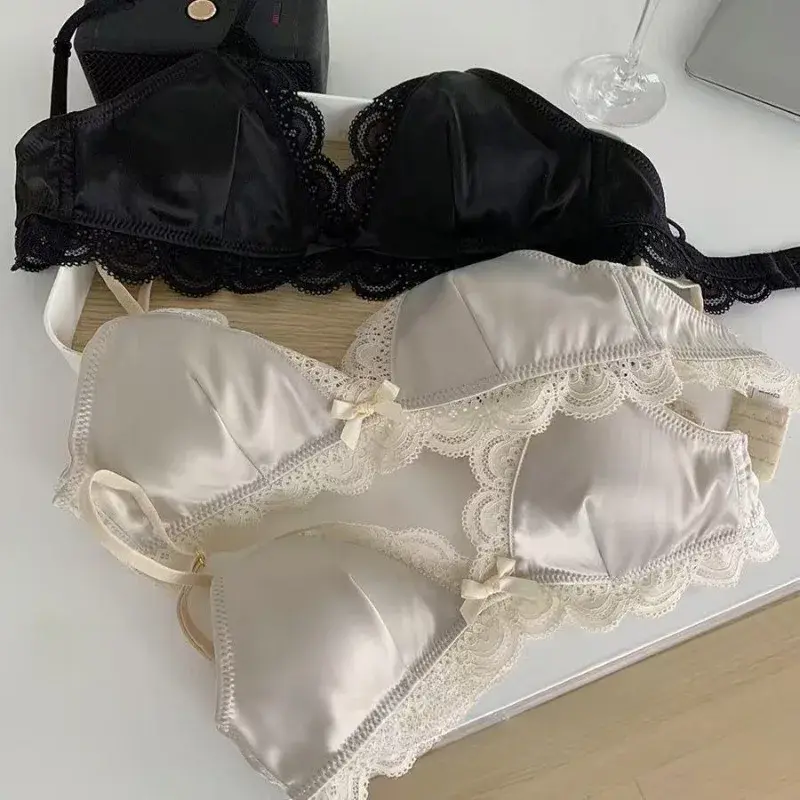 Sexy Triangle Cup Bow Lace Bras Women Chest Satin Underwear Sweet Girl Fashion Breathable Comfortable Soft Bra Lingerie