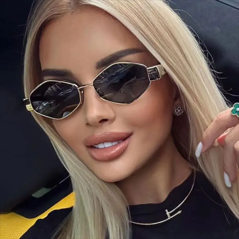 Fashion Woman Sunglasses Women Design Unique Polygon Luxury Sun Glasses Men Retro Small Frame Metal Eyewear Shades