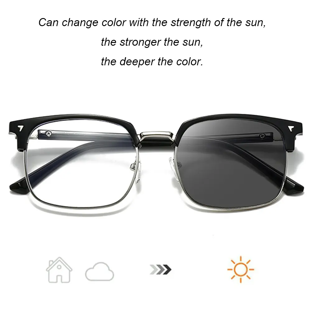 New Fashion Man Photochromic Colored Glasses Half Frame Anti Blue Light Discoloration Eyepiece Computer Transparent Sunglasses